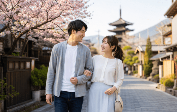 คู่รักไทยญี่ปุ่นเดินด้วยกันในย่านที่อยู่อาศัยของญี่ปุ่น