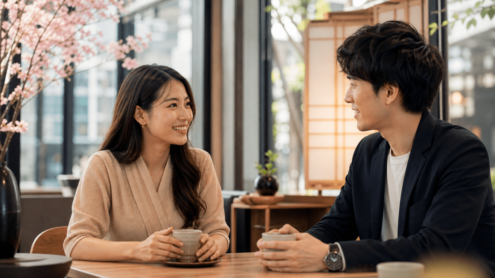 ผู้หญิงไทยและผู้ชายญี่ปุ่นพูดคุยกันอย่างสุภาพในคาเฟ่